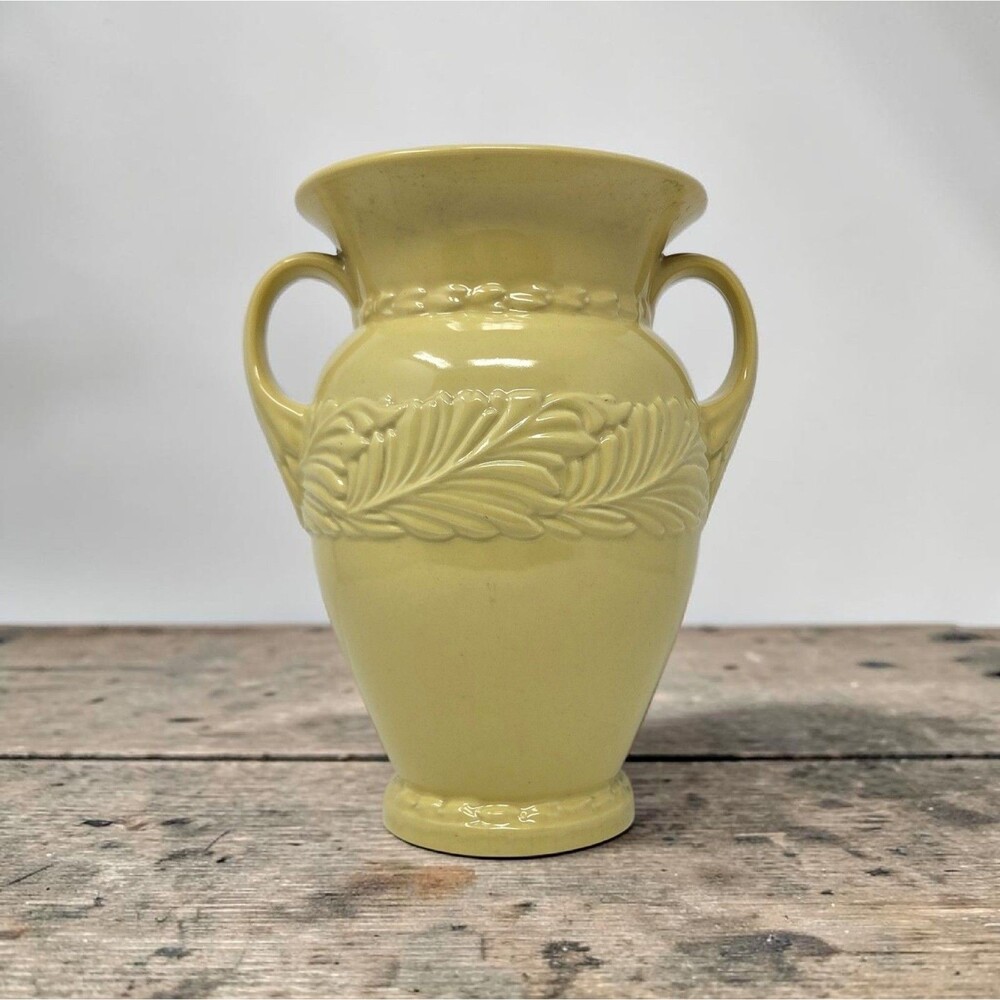 Abingdon Pottery #486 Yellow Acanthus Leaf Double Handle Urn Vase 10" USA